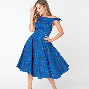 Unique Vintage Jessica Swing Dress in Blue Floral
